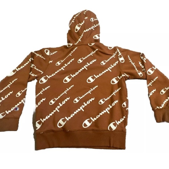 CHAMPION Burnt Orange All-Over Logo Graphic Print Fleece Hoodie Sweatshirt MED - Picture 6 of 9